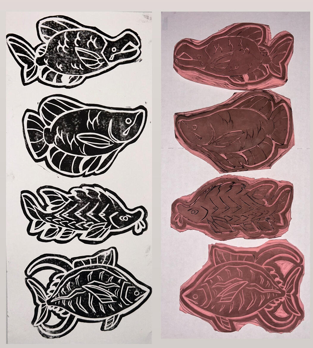 "assorted fish; stamps 01-04" 2024-25 - Linocut Stamps